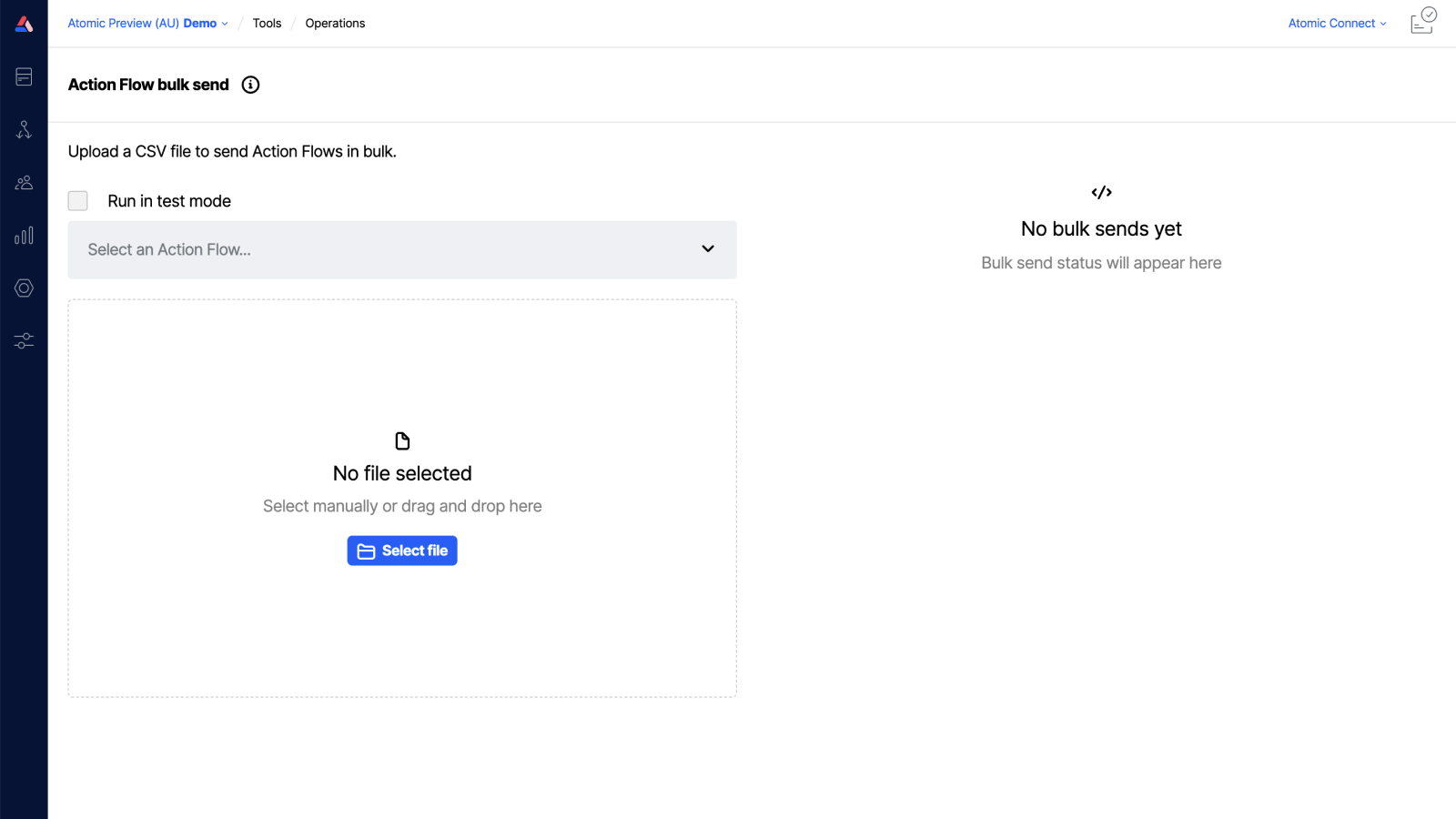 Workbench view of csv bulk send action flow tool