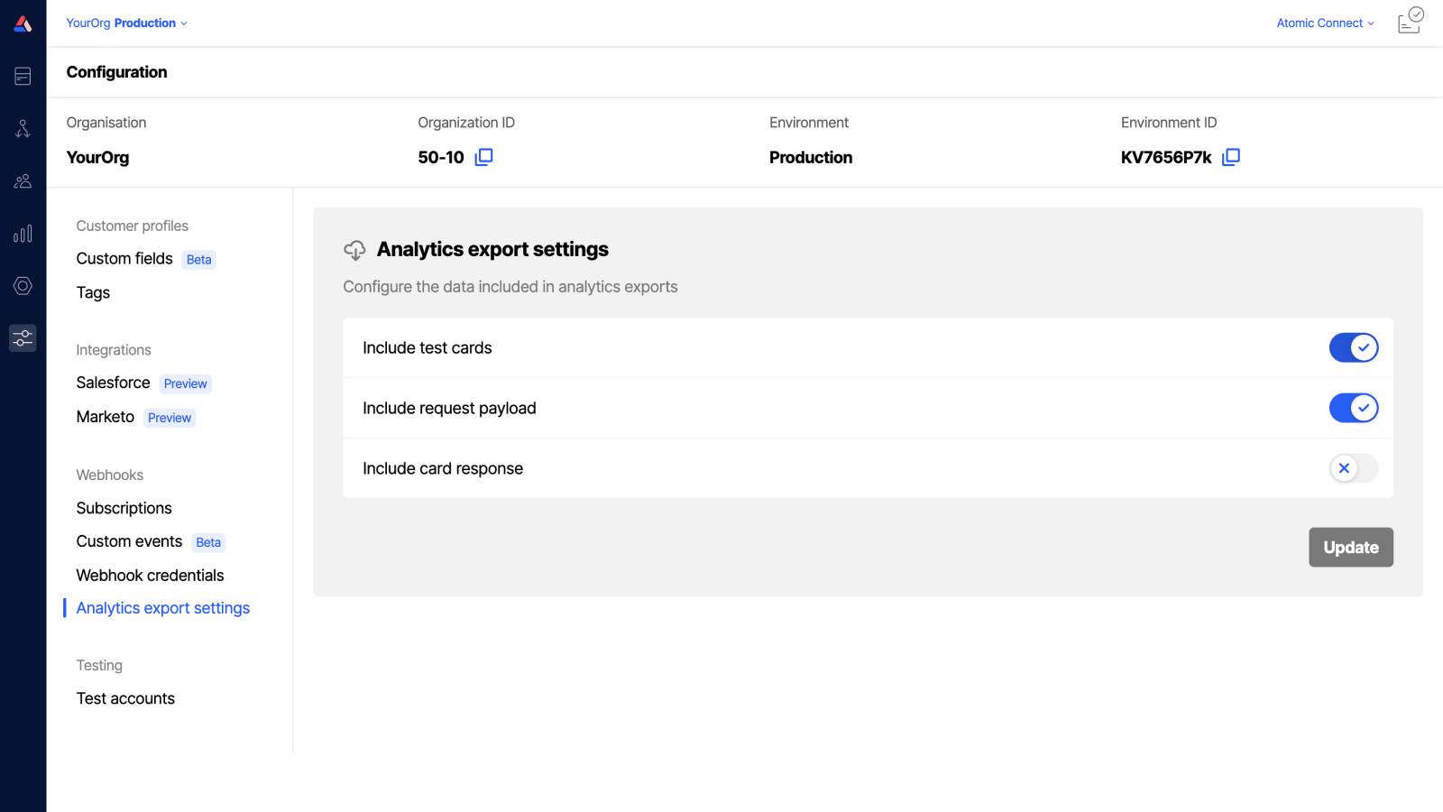 Workbench view of analytics export settings