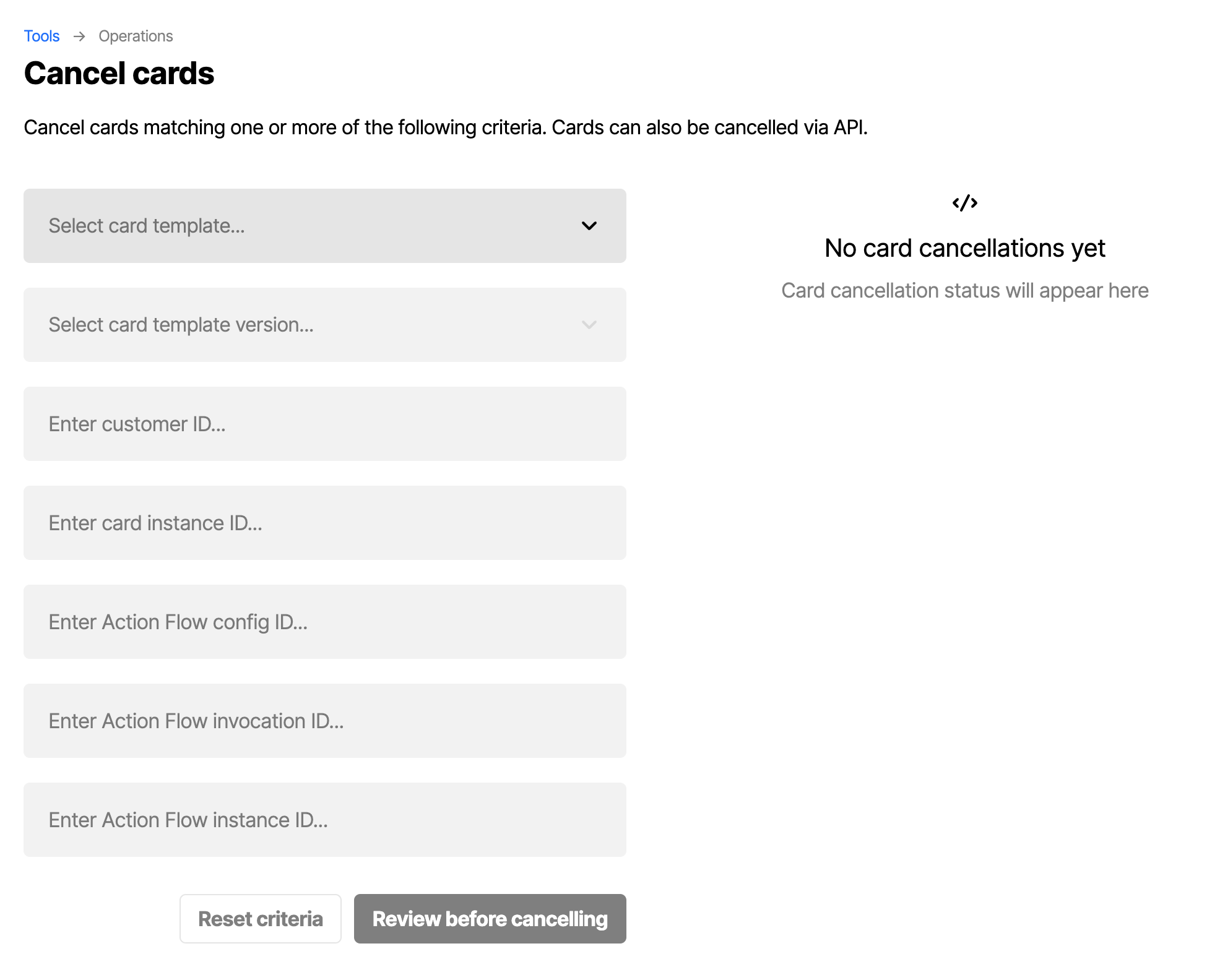 Cancel cards options