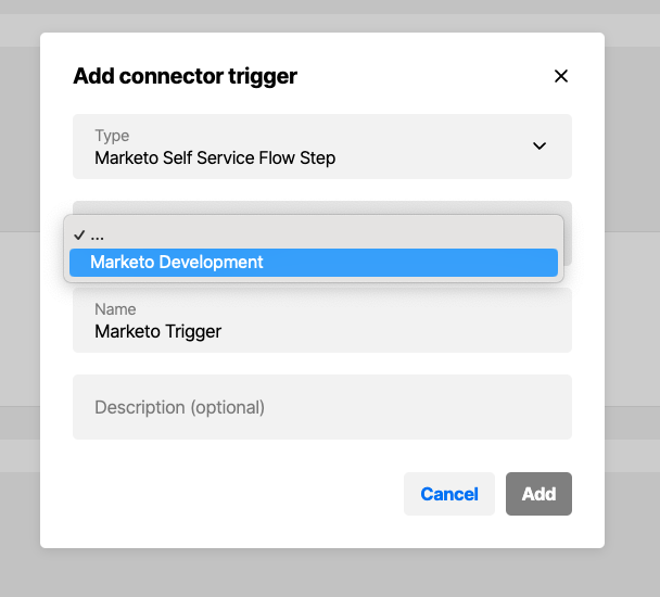 Screenshot of the options presented when selecting a connector trigger to add