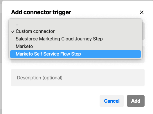 Screenshot of the options presented when adding a connector trigger