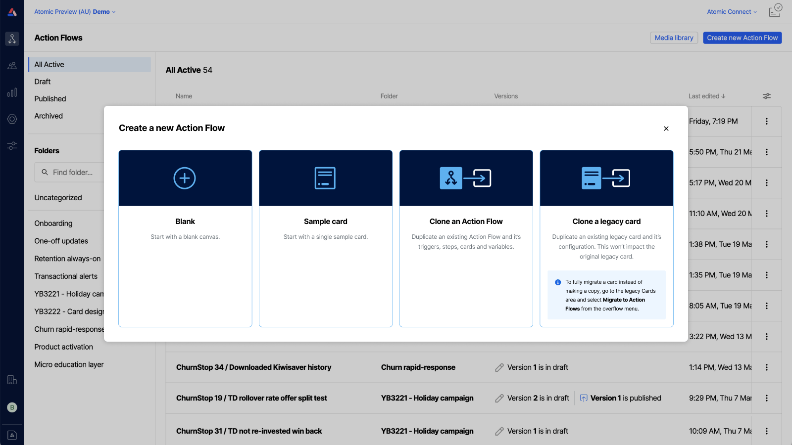 Workbench view of Action Flow list with focus on the create new flow button