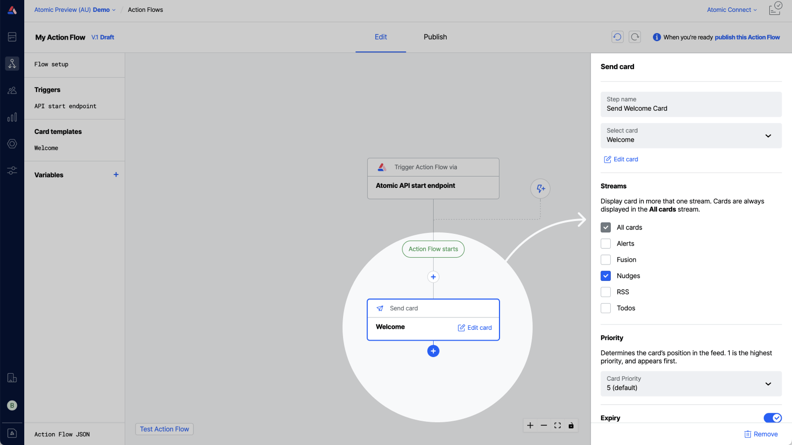 Workbench view of Action Flow canvas with a blank Action Flow