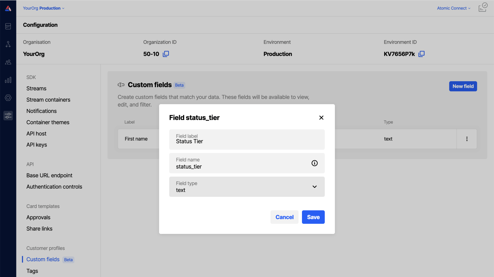 Screenshot of Custom fields config screen