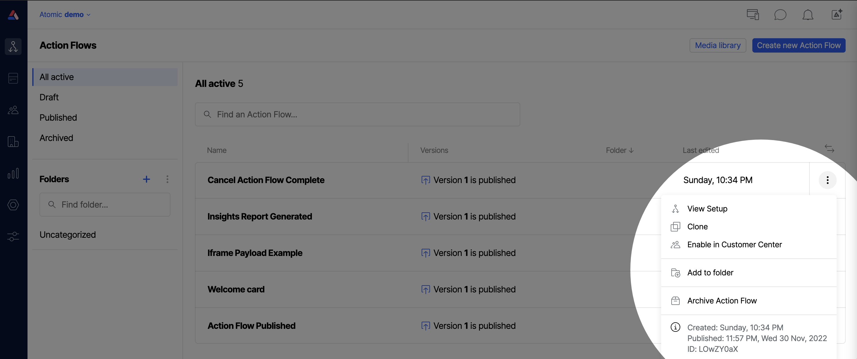 Workbench view of enabling an Action Flow for the Customer Center
