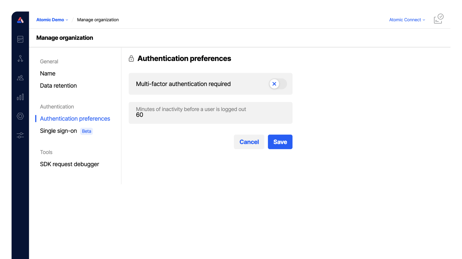 Workbench view of Authentication preferences section of the Organization's settings