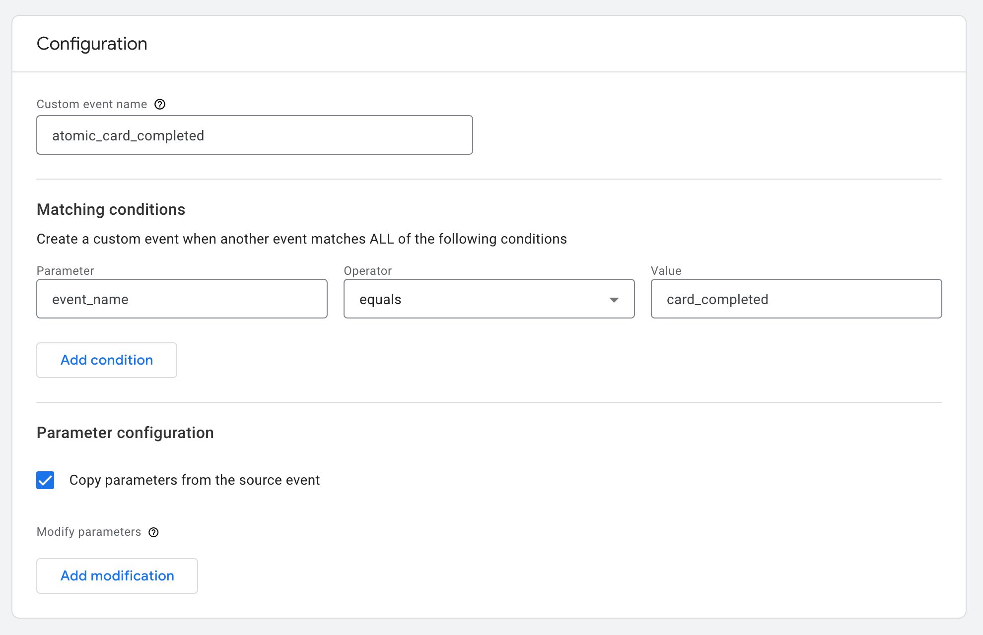 Screenshot of configuring a Custom Event in the GA admin area