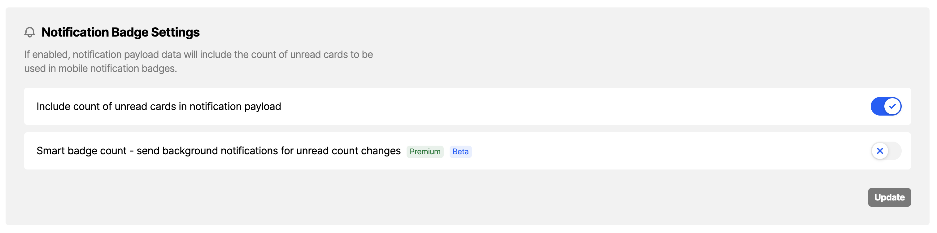 Workbench view of the option including count of unread cards in notification payload