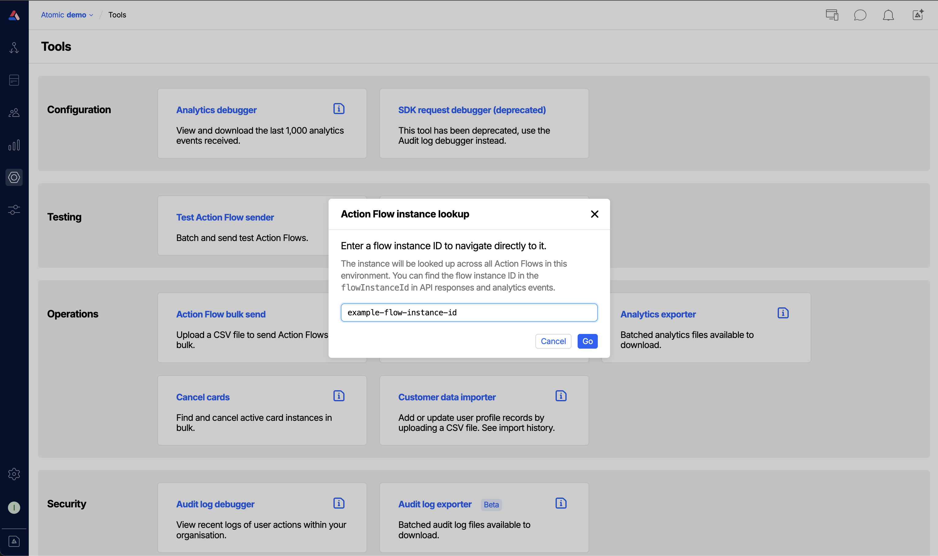 The Action Flow instance lookup modal on the Tools page