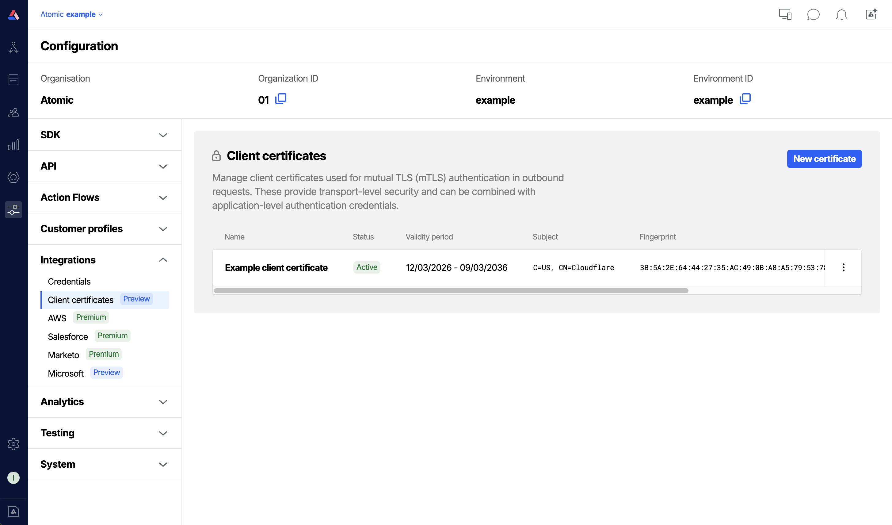 Workbench view of the client certificates list