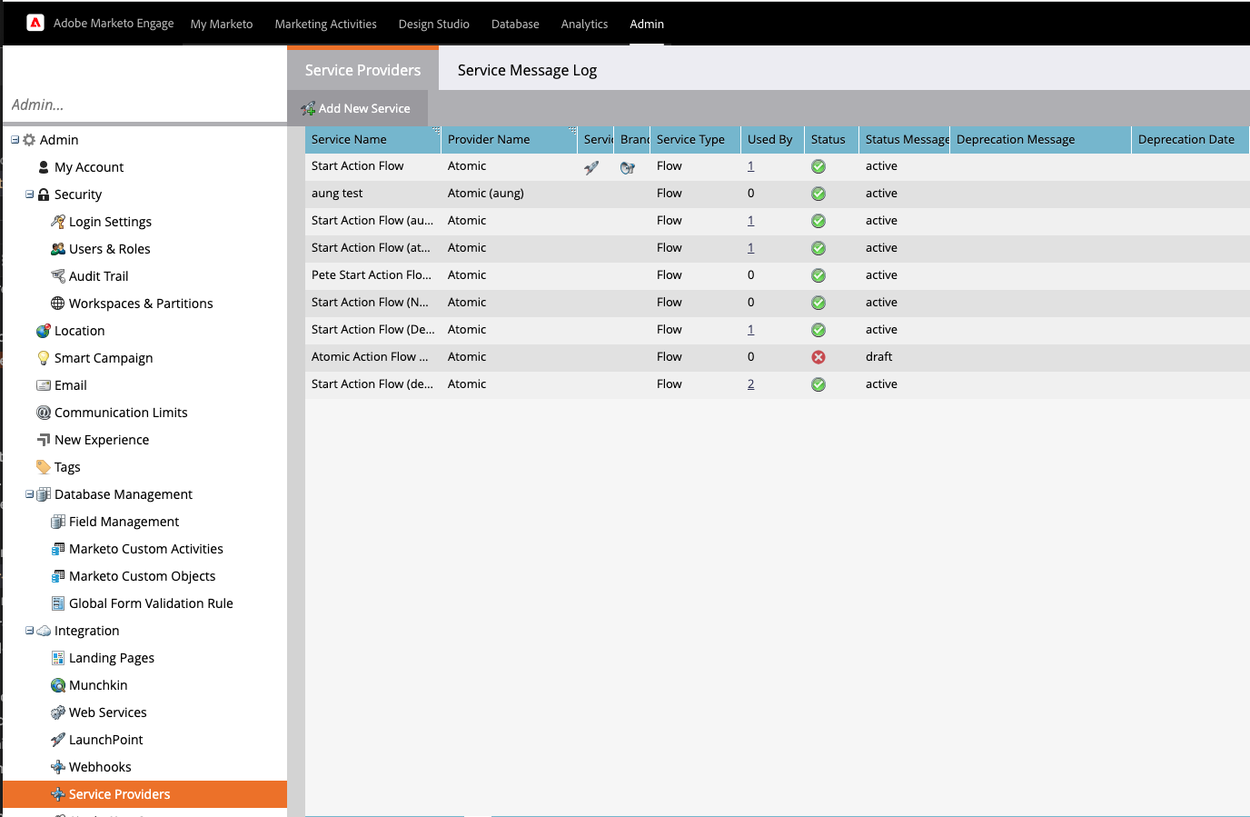 Screenshot of the Service Providers are of the Marketo admin area