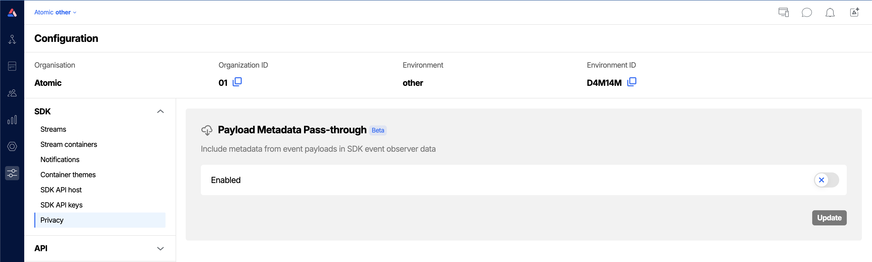 Screenshot of the Atomic.io Workbench Metadata privacy option