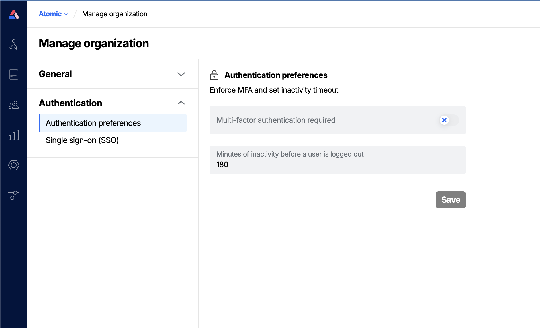 Workbench view of Authentication preferences section of the Organization's settings