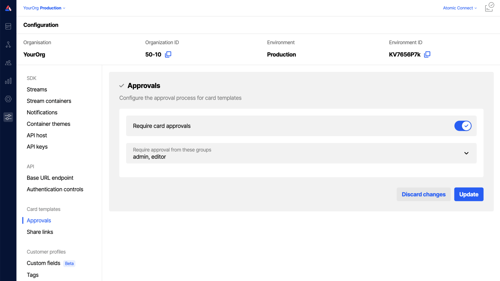 Screenshot showing the approvals configuration settings