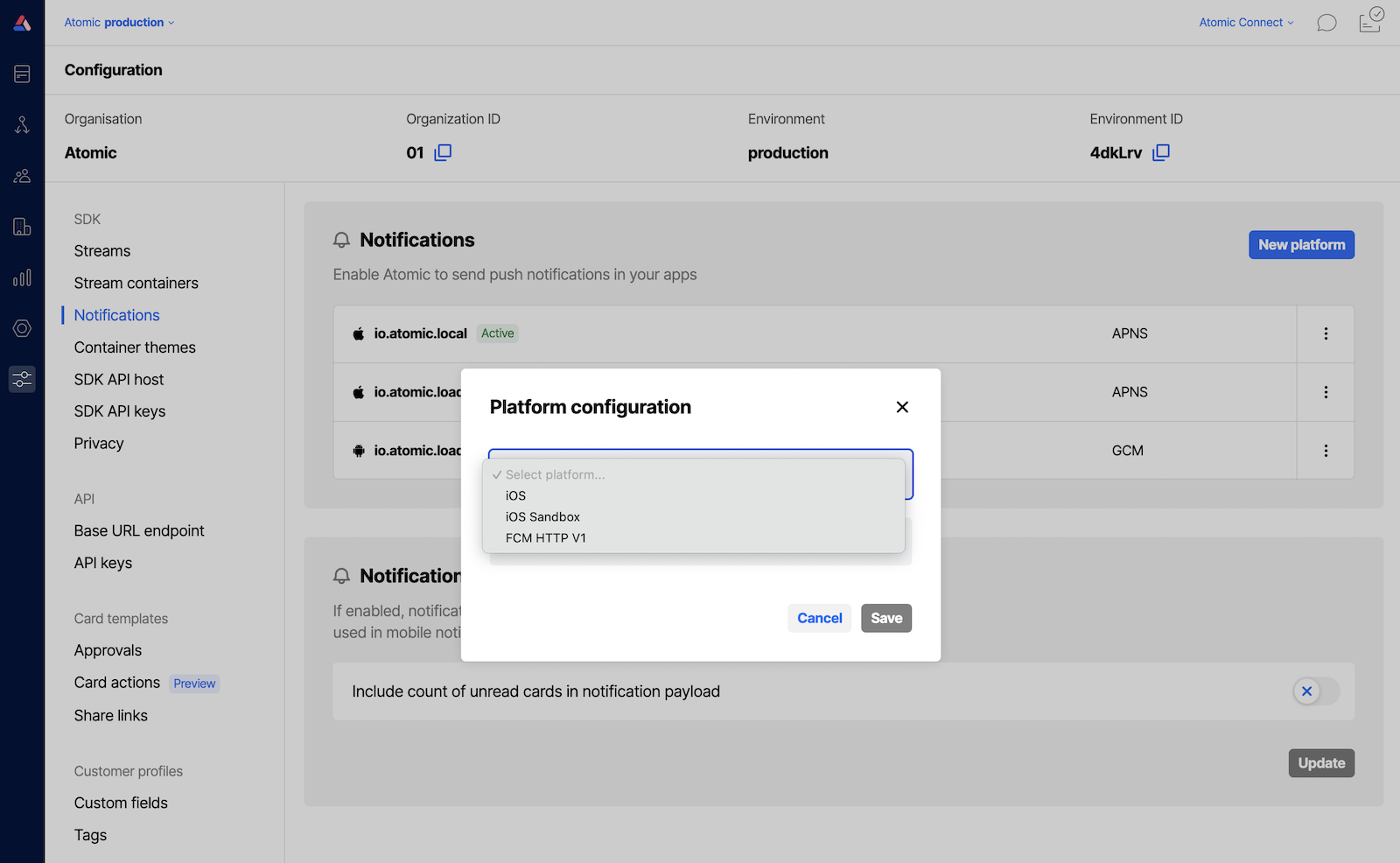 Workbench view of creating a push notification credential