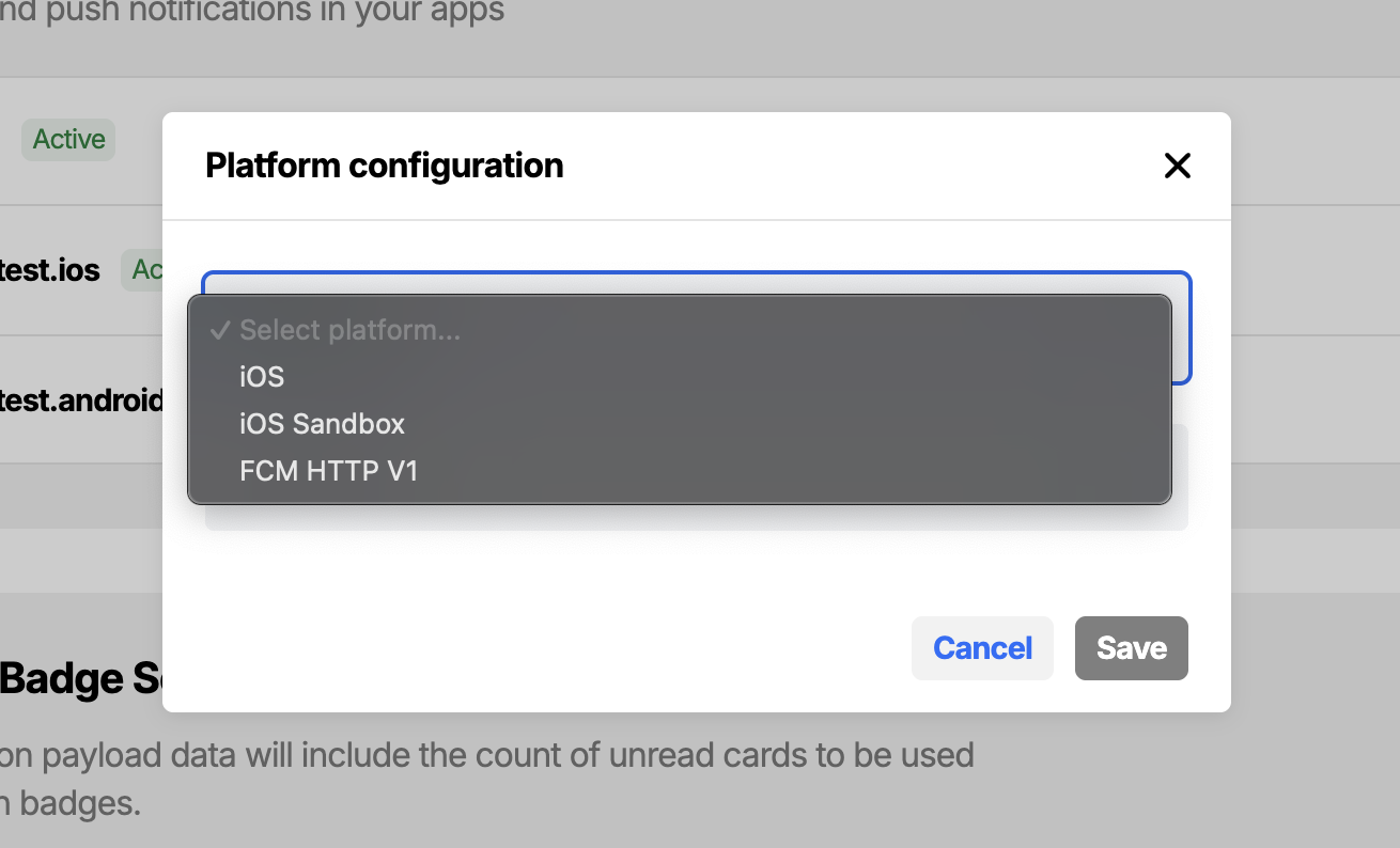 Workbench view of creating a push notification credential