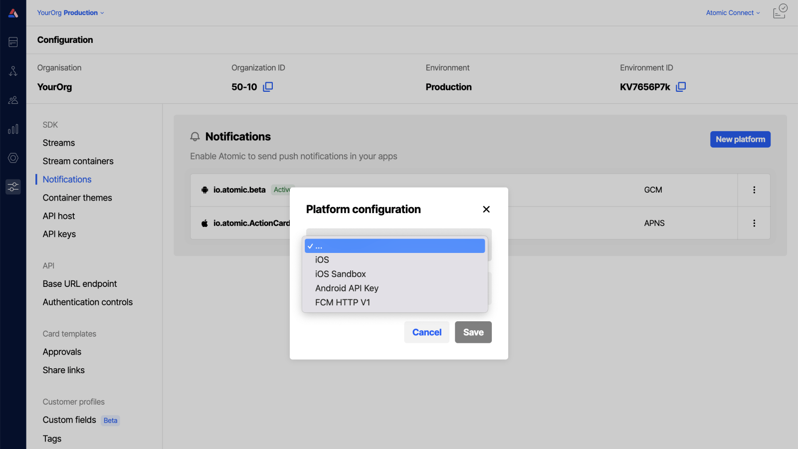 Workbench view of creating a push notification credential