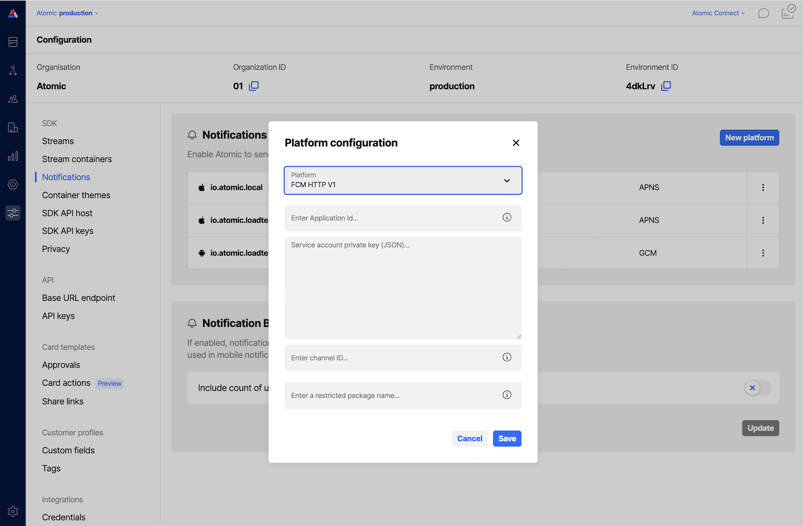 Workbench view of creating a push notification credential for Android