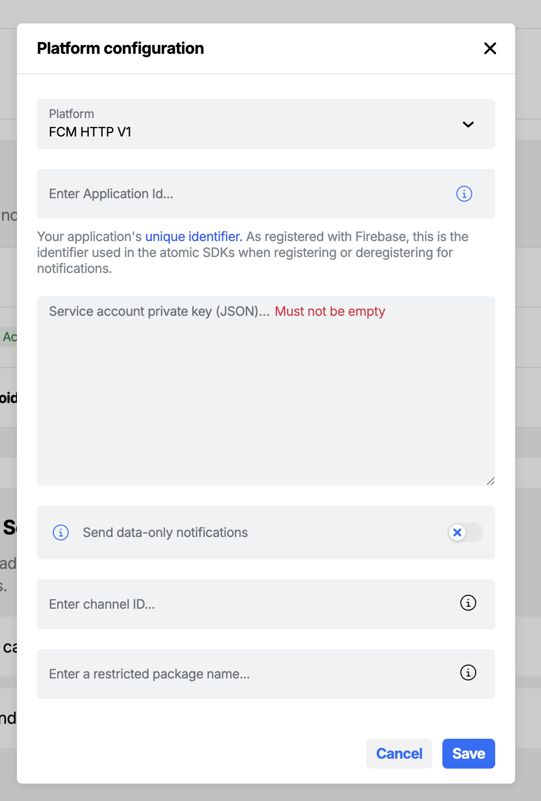 Workbench view of creating a push notification credential for Android