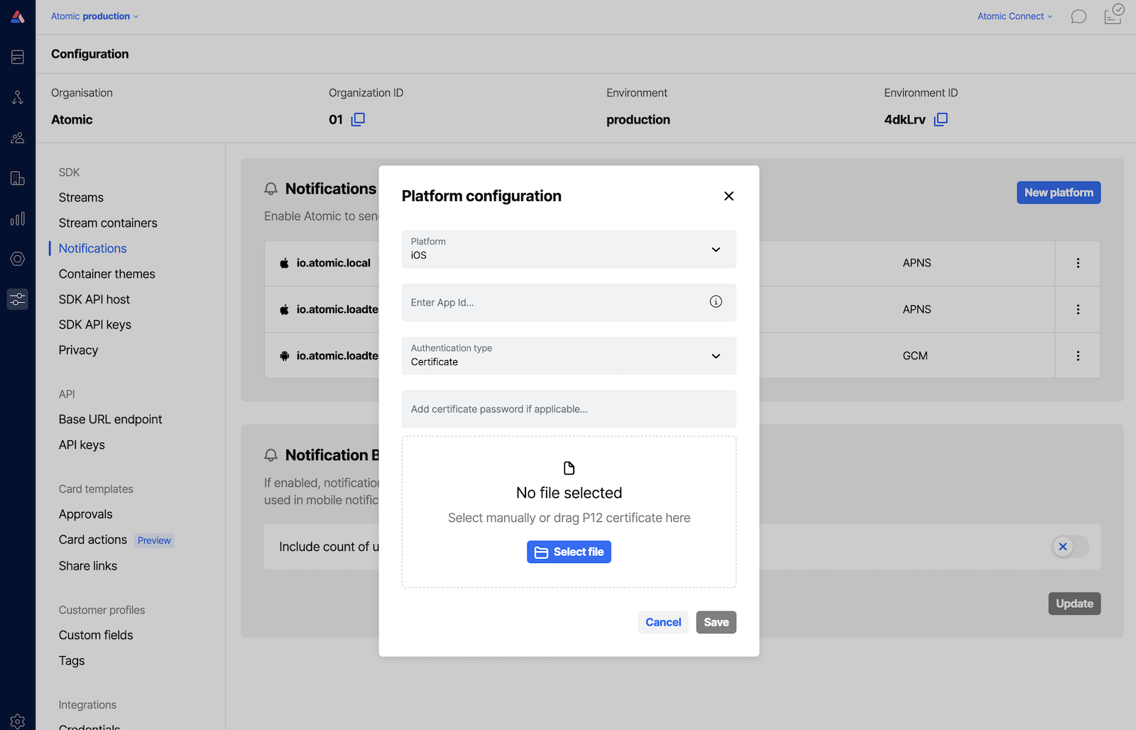 Workbench view of creating a push notification credential for iOS