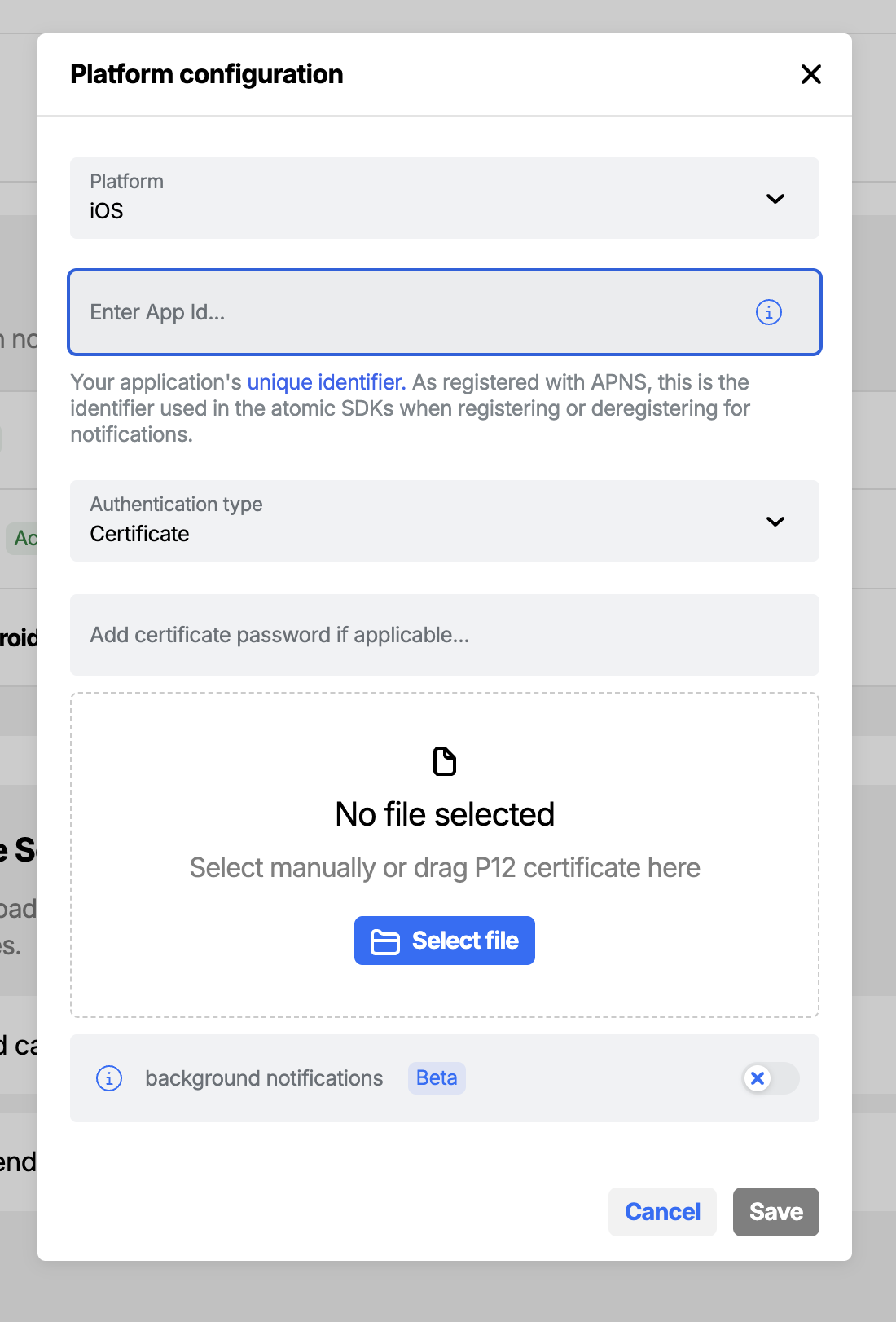 Workbench view of creating a push notification credential for iOS