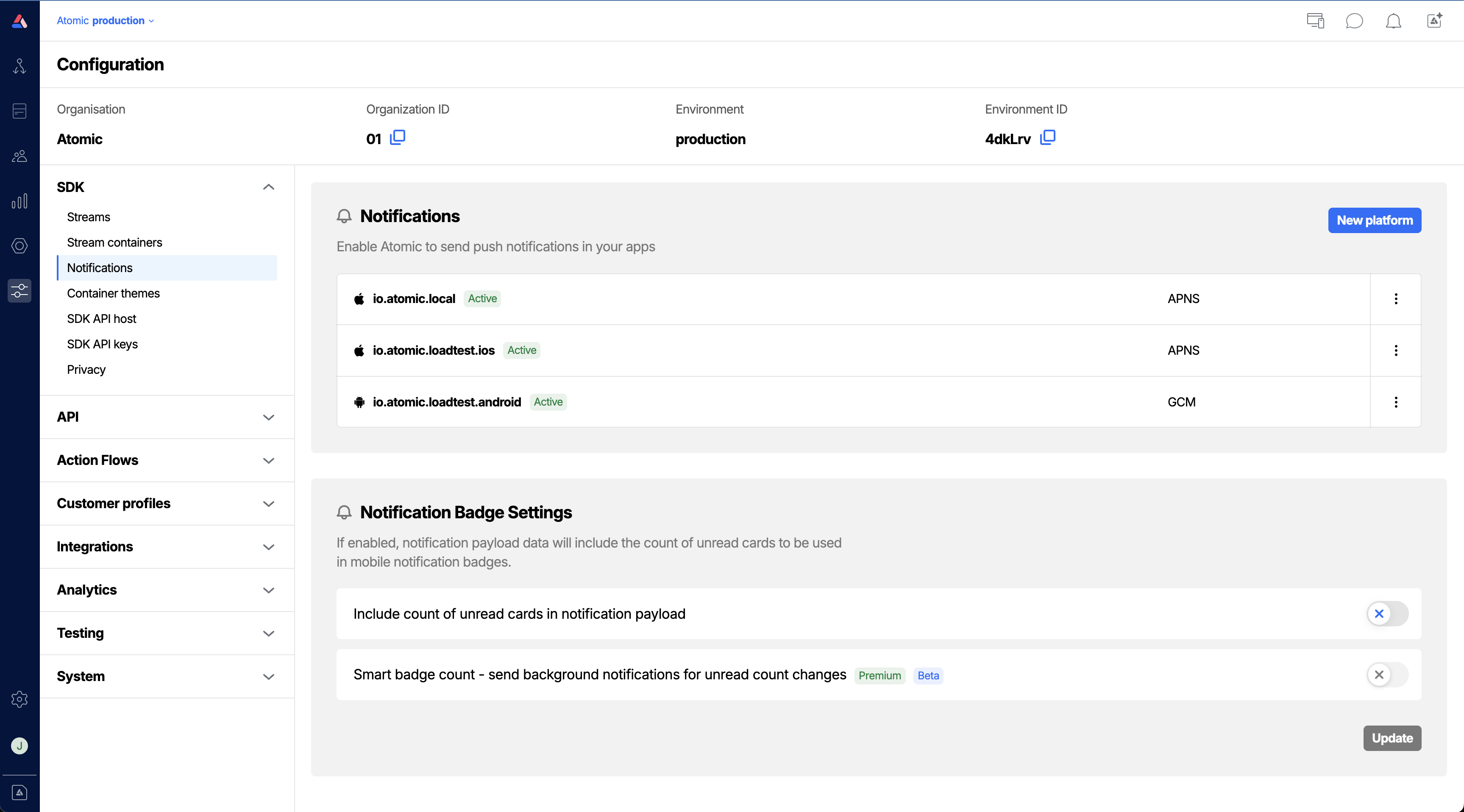 Workbench view of creating a push notification credential