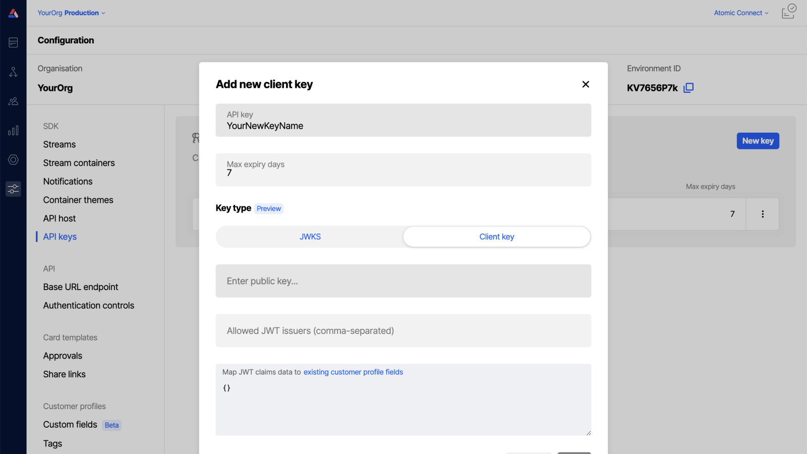 Workbench view of creating a new SDK API key