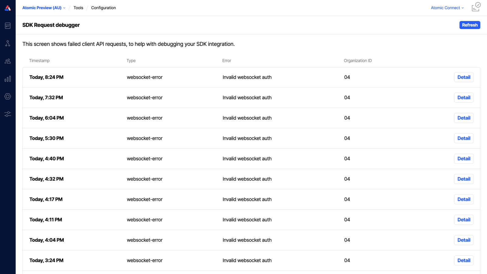 Workbench view of SDK request debugger tool