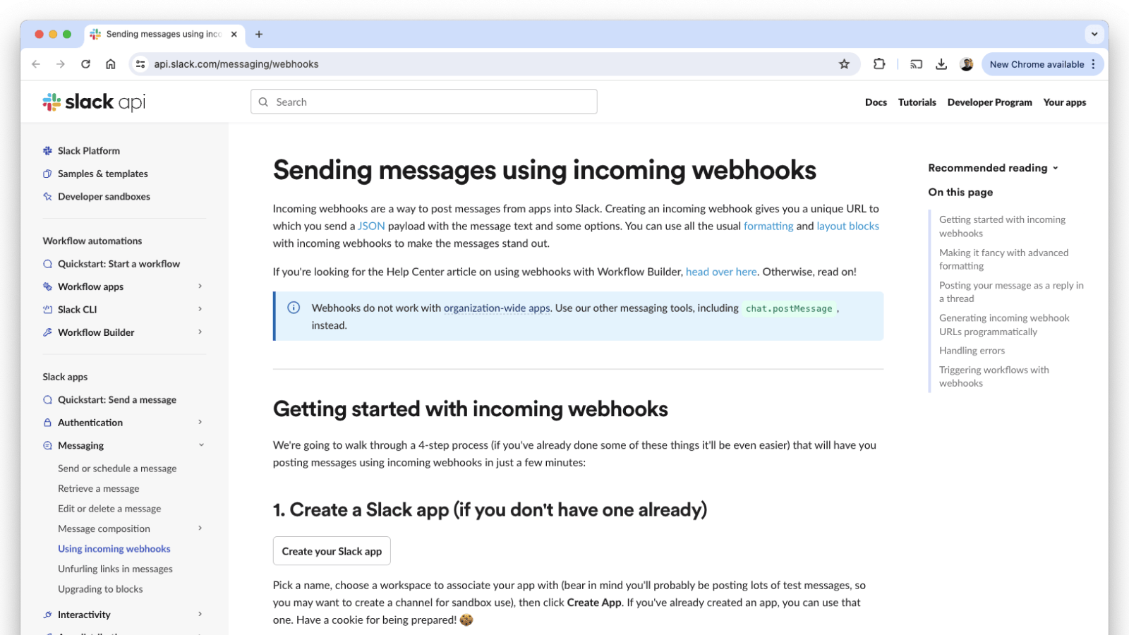 Screenshot of Slack webhooks documentation