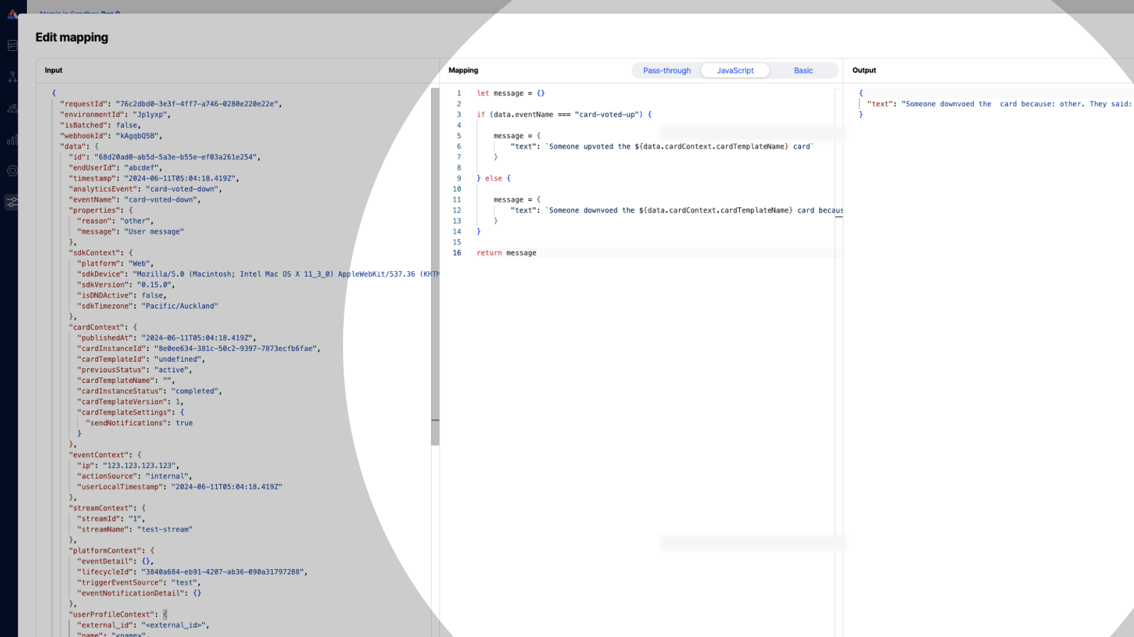 Screenshot of adding a JavaScript mapping to your webhook subscription in Atomic