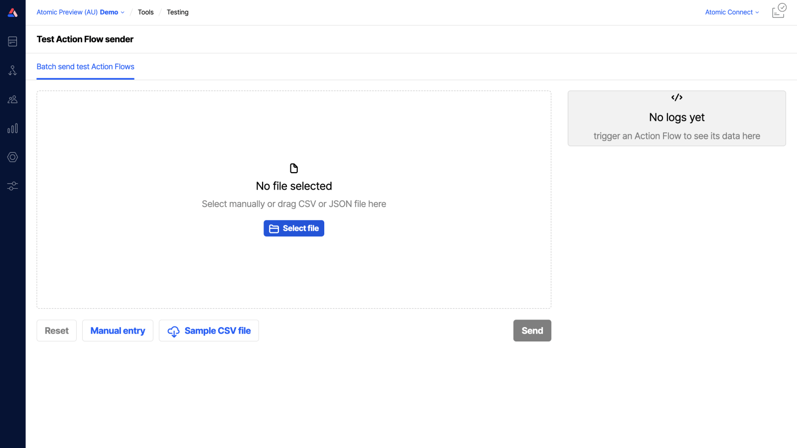 Workbench view of test action flow sender tool