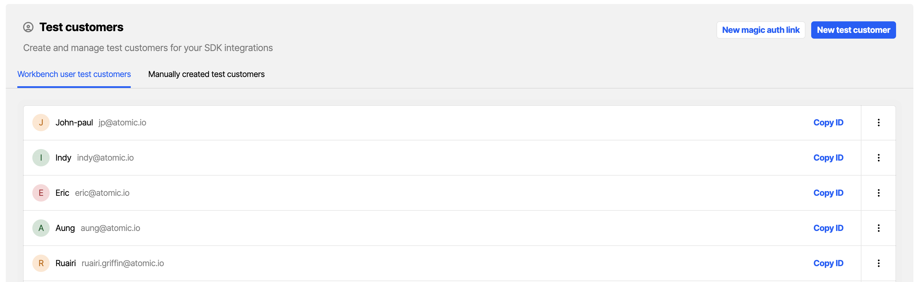 Workbench view of test customers