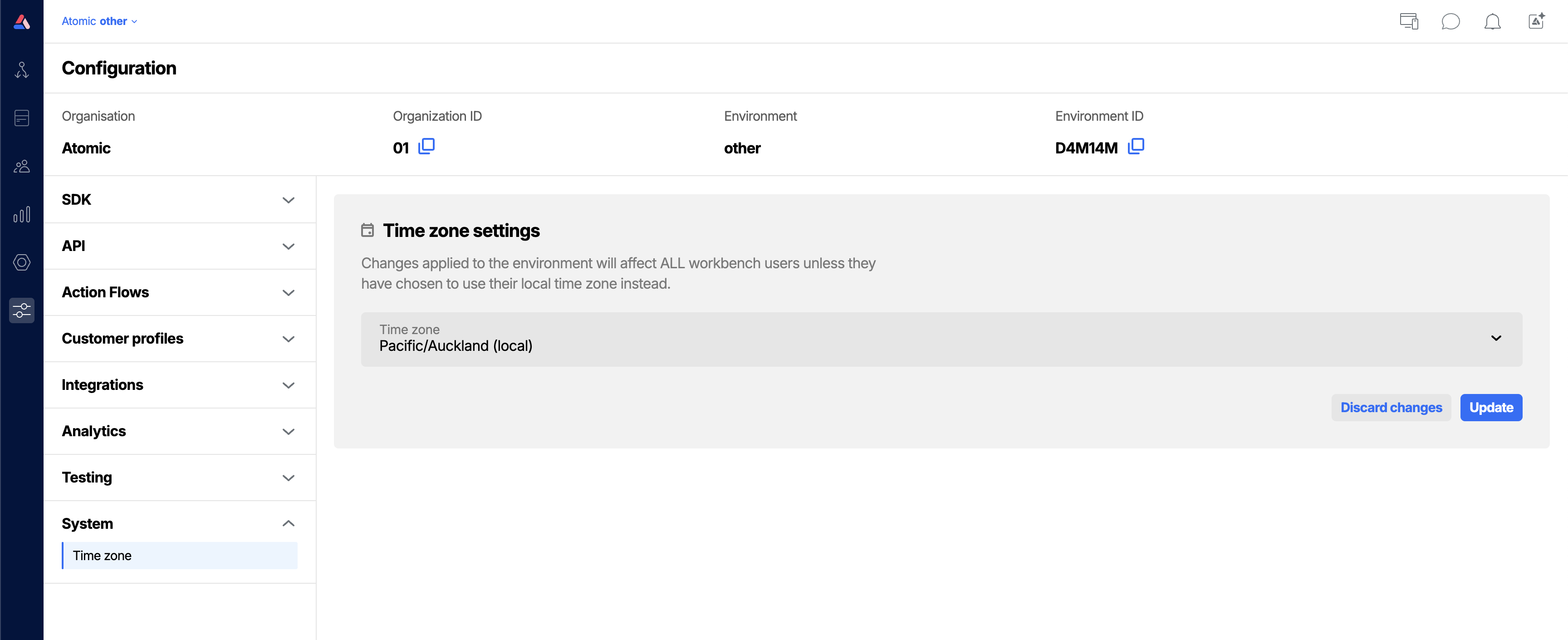 Workbench view of environment time zone configuration