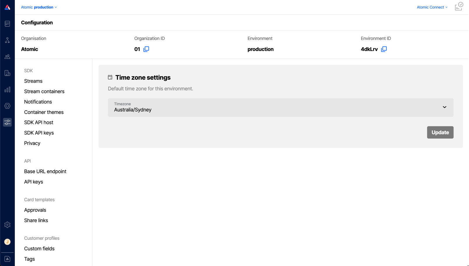 Workbench view of environment time zone configuration