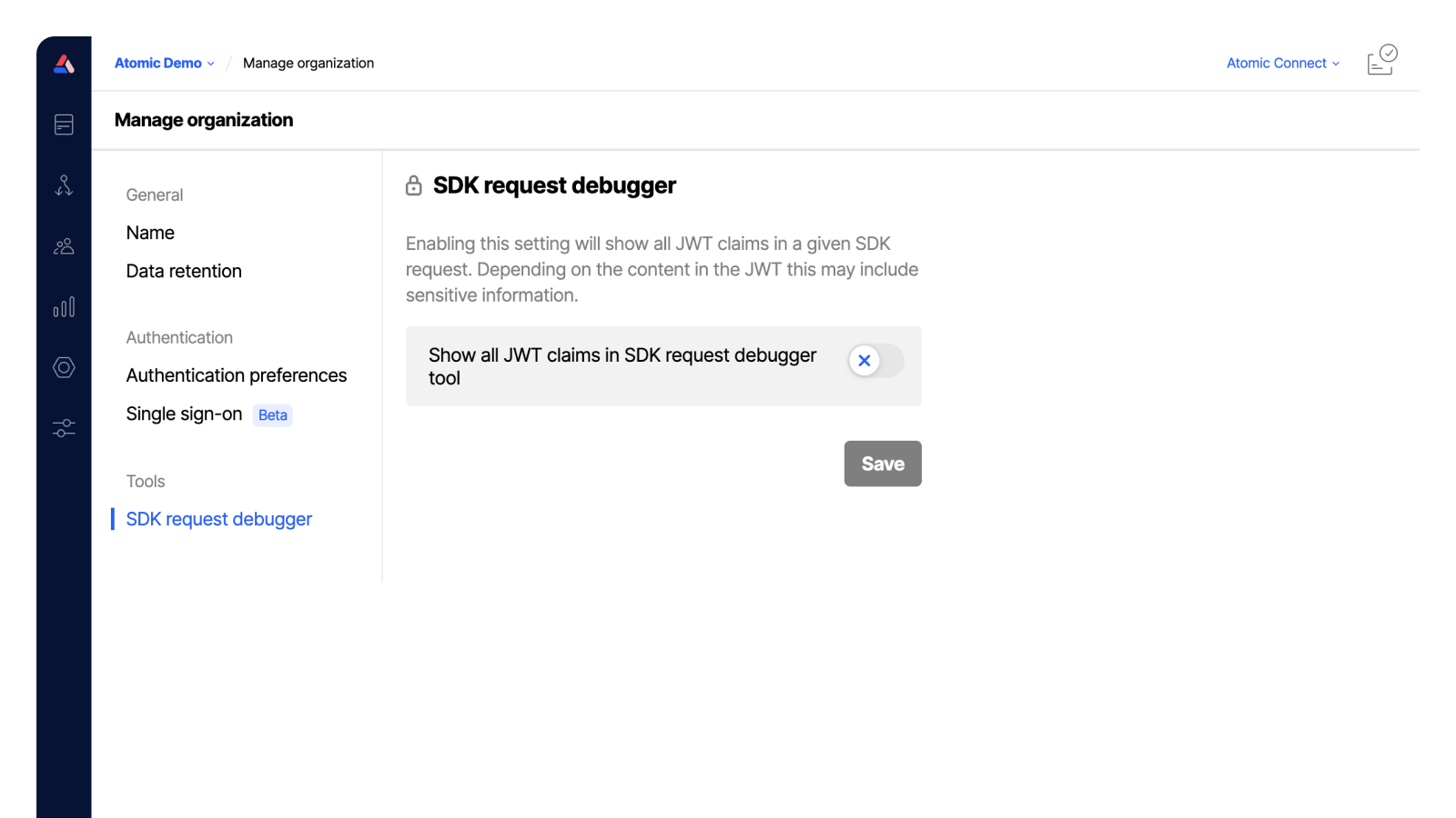 Workbench view of SDK debugger preferences section of the Organization's settings