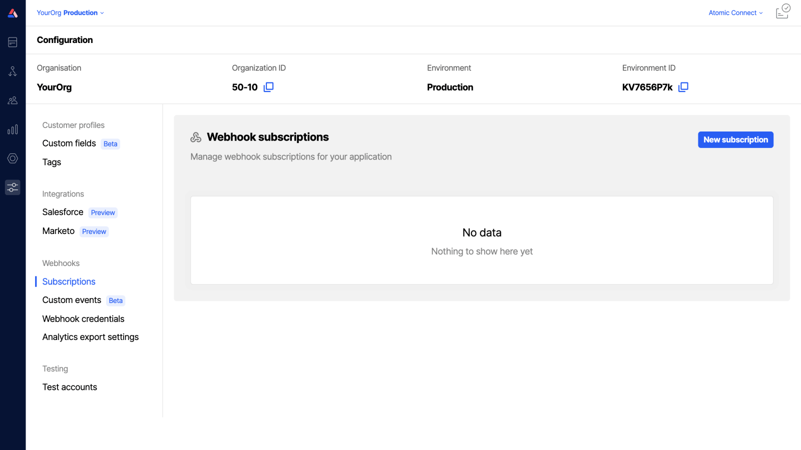 Workbench view of webhook subscriptions