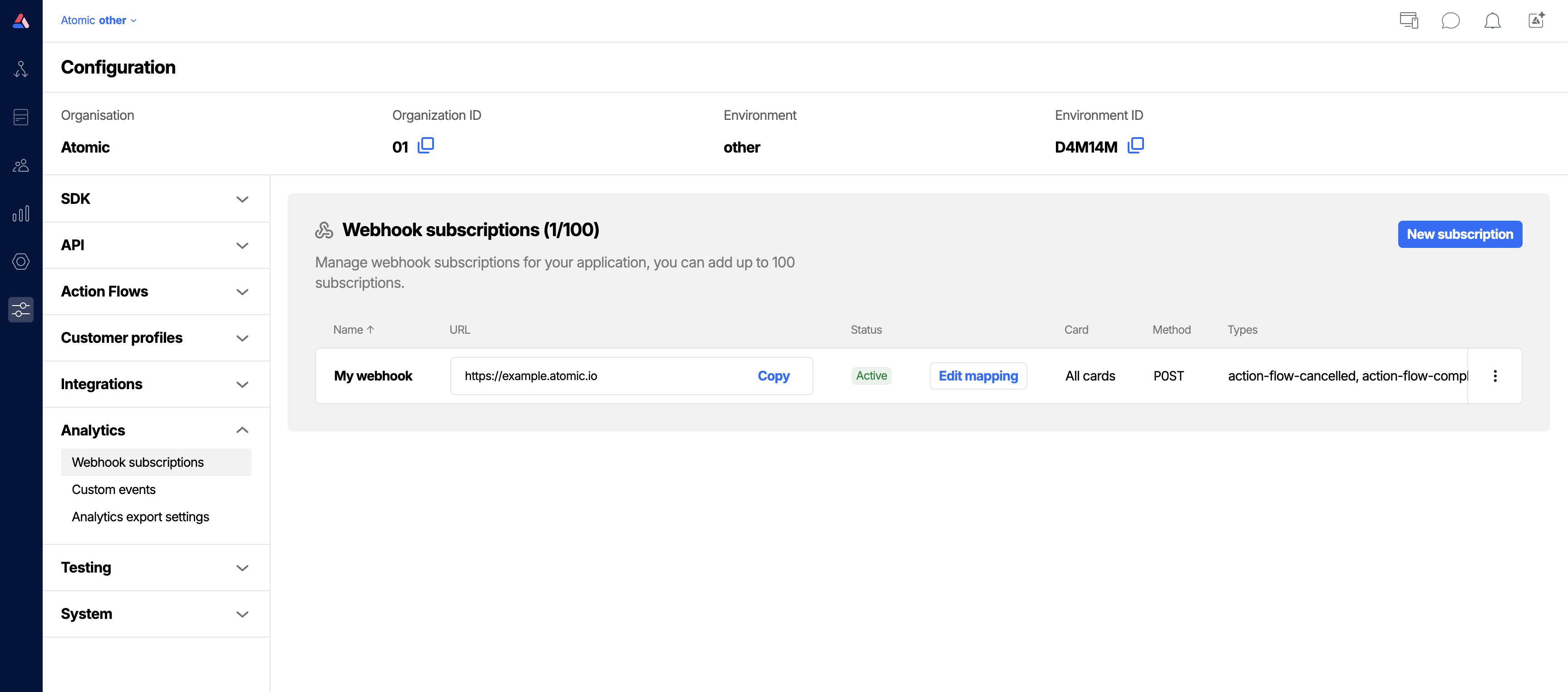 Workbench view of webhook subscriptions