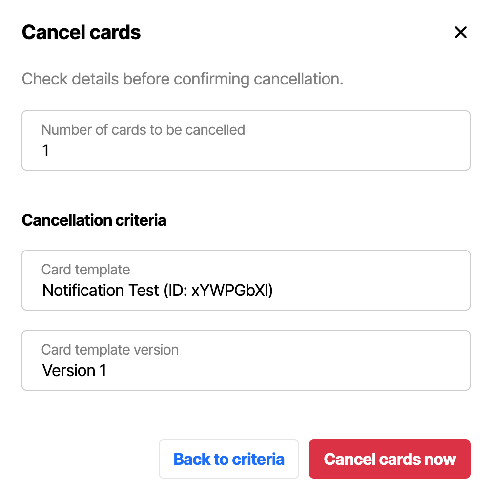 Confirm cancel cards