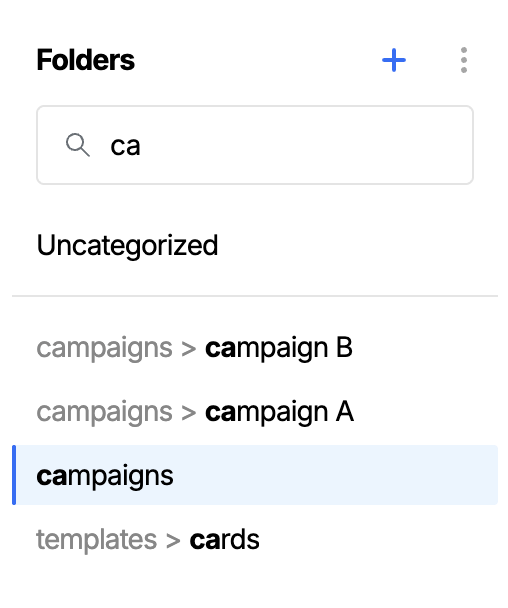 Folder panel with a search term entered, showing matching folders with breadcrumb paths